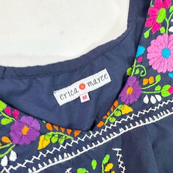 Erica Maree Mini Dress Womens Medium Blue Floral Embroidered Mexican Sleeveless - Picture 3 of 7
